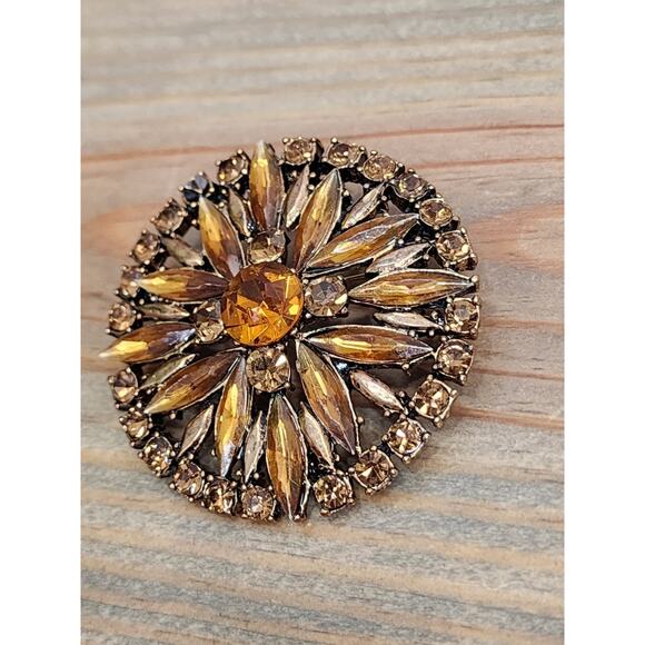 Vintage Amber RHINESTONES Brooch Pin 2" Retro Fall Orange Autumn Gold - Picture 2 of 5